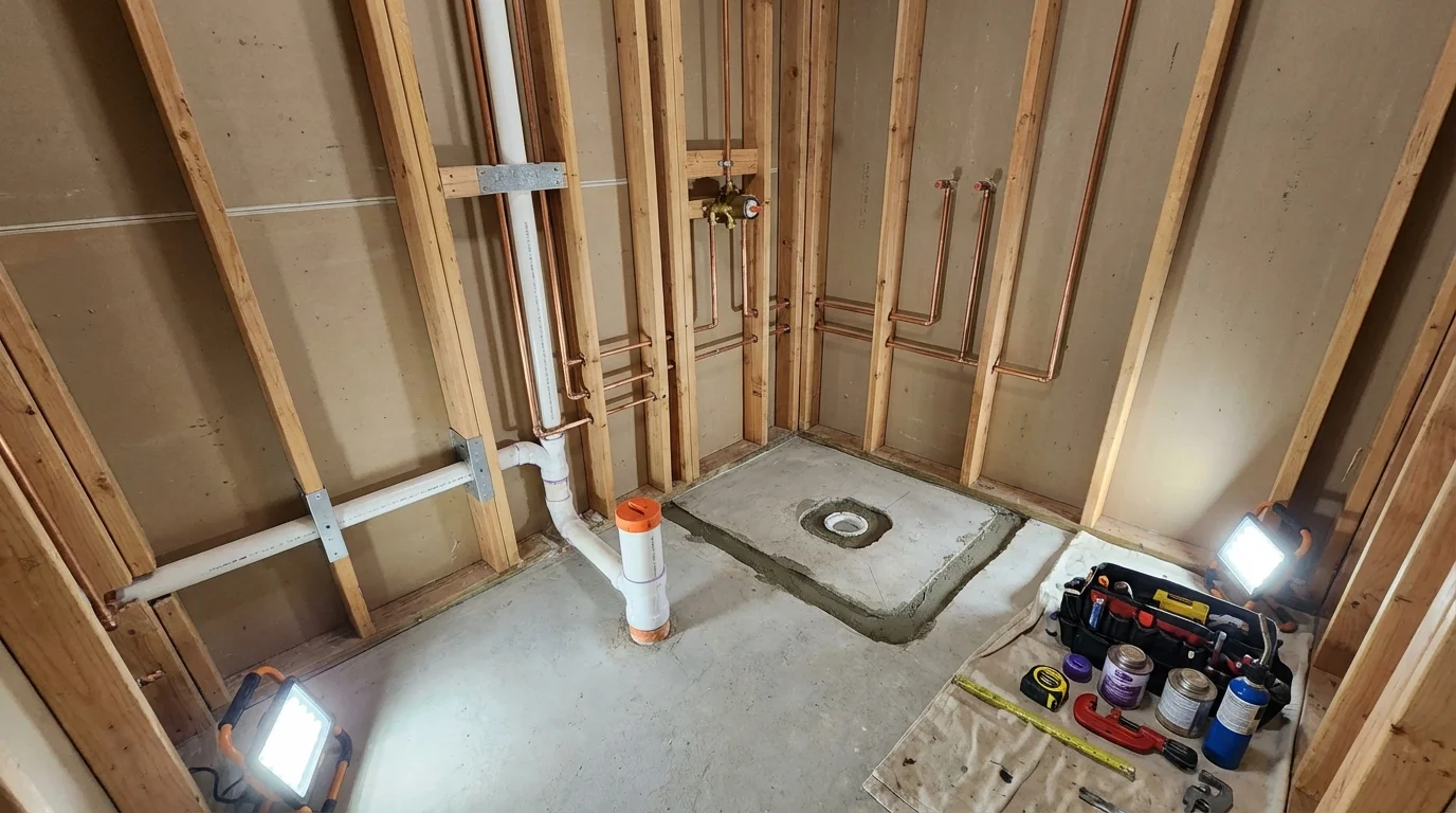 Bathroom rough-in plumbing during remodel by Johns Plumbing LLC in Wickliffe