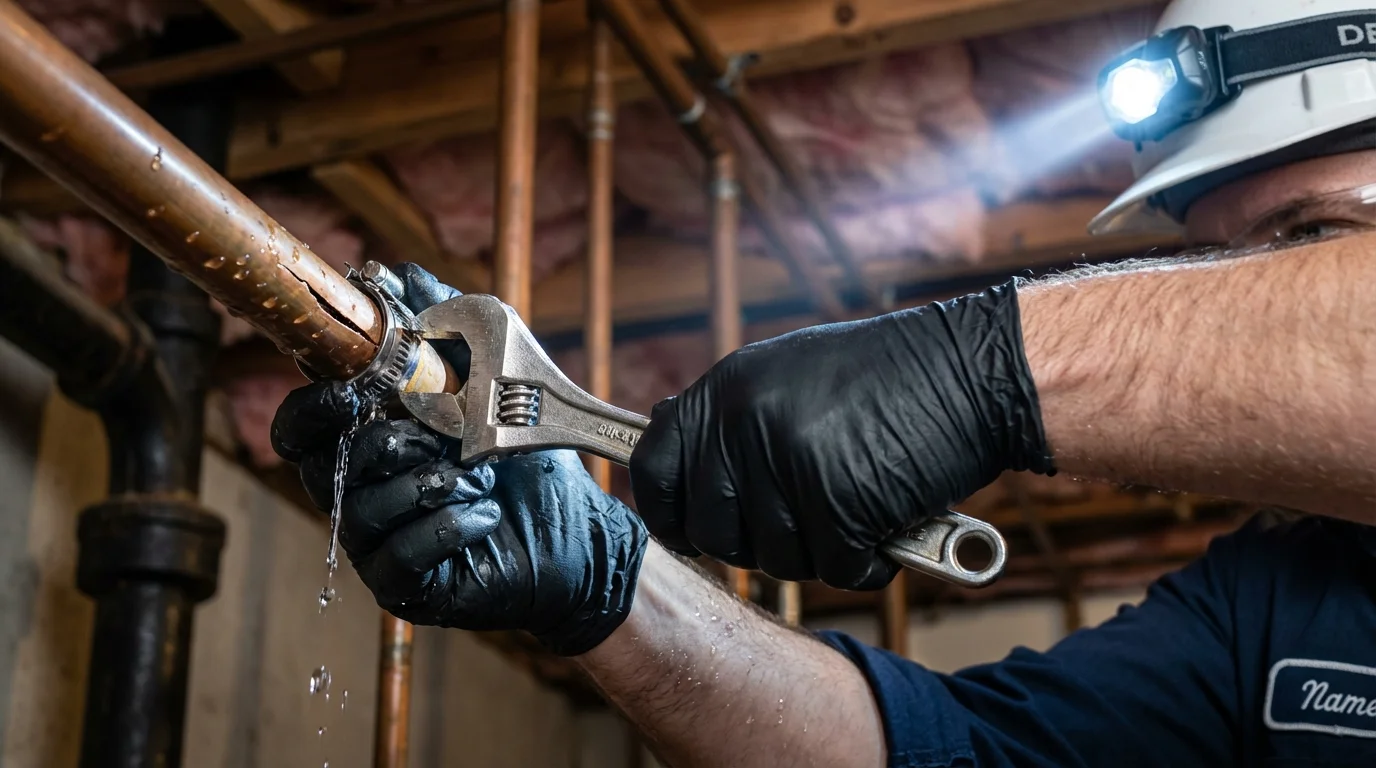Emergency pipe clamp repair being performed by a Johns Plumbing LLC plumber in Wickliffe