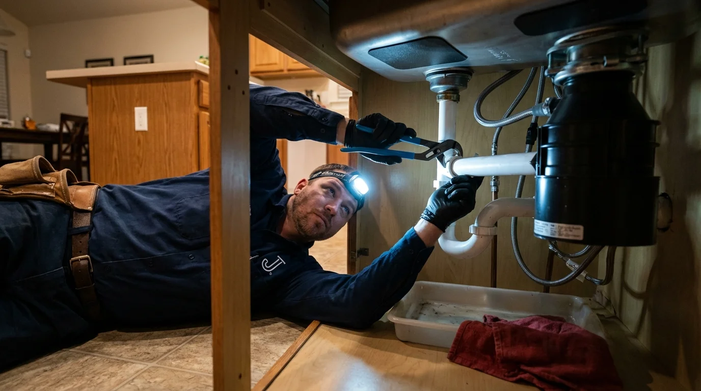 P-trap and supply line connections under a kitchen sink showing a common leak point in Wickliffe, KY